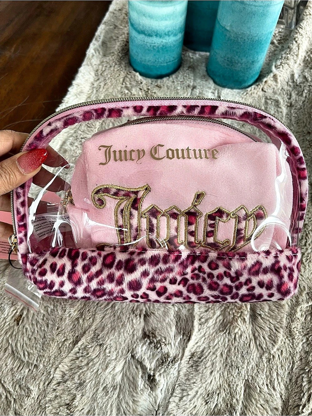 Juicy Couture Pink Leopard Clear Cosmetic Travel Bag Set NWT